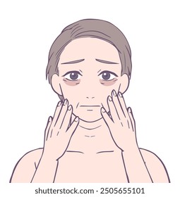 Middle female upper body with dark circles and troubled face, Beauty Illustration