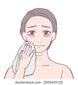 Middle female upper body with dark circles and troubled face, Beauty Illustration