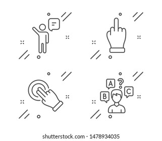 Middle finger, Agent and Touchscreen gesture line icons set. Quiz test sign. Gesture, Business person, Click hand. Interview. People set. Line middle finger outline icon. Vector