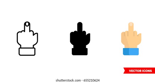Middle finger gesture icon of 3 types: color, black and white, outline. Isolated vector sign symbol.