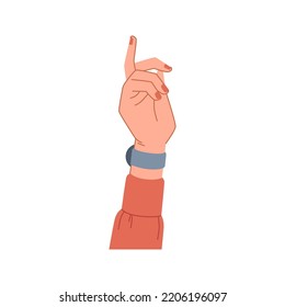 Mittelfinger Handgeste einzeln auf Vektorgrafik. Vektorweibliches Handgelenk mit Mittelfinger, roter Nagellack, weiblicher Arm mit Uhr