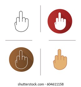 Middle finger up icon. Flat design, linear and color styles. Flipping hand gesture. Isolated vector illustrations