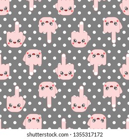Middle finger kawaii pattern seamless Cute cartoon. Funny Bad gesture background. Sweet Middle finger up vector ornament texture