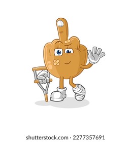 the middle finger sick with limping stick. cartoon mascot vector