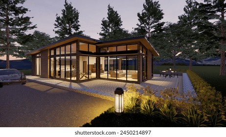 middle of the forest villa design with lights at night