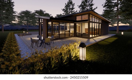 middle of the forest villa design with lights at night