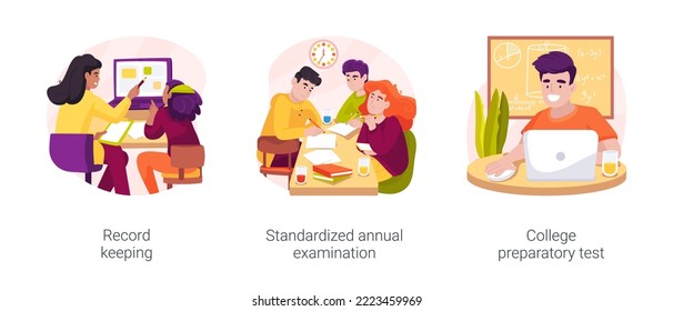 Middle and high school student testing isolated cartoon vector illustration set. Record keeping, standardized annual examination, college preparatory test, timer on computer screen vector cartoon.