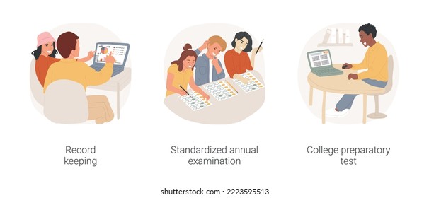 Middle and high school student testing isolated cartoon vector illustration set. Record keeping, standardized annual examination, college preparatory test, timer on computer screen vector cartoon.