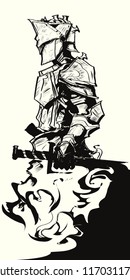 Middle knight knight, side view. The knight is holding a sword in his left hand, a comic style. Monochrome vector