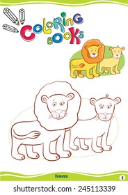 in the middle on a white background depicts a black outline happy cartoon lions for graffiti color