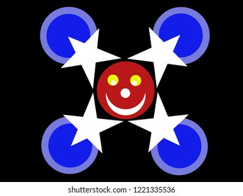 In the middle of the picture is a red circle with two yellow circles. The image of the cartoon. Surrounded by four white stars with four blue circles. The background is black.