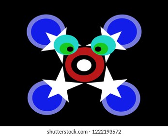 In the middle of the picture there is a red circle and blends with other circles. Become a cartoon face. The four white stars combine with four blue circles surrounded red circles.