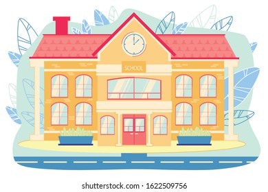 Middle, Primary, Elementary, High School Building Facade Outside. Classical Academic Training Architecture Construction for Teacher and Student. Empty Place. Modern Flat Vector Illustration
