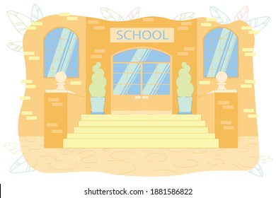 Edificio De La Escuela Media, Primaria, Primaria, Secundaria Cerrado Frente Al Exterior. Lugar vacío. Escaleras, Base con plantas, Decoración Exterior. Educación y conocimiento. Ilustración moderna de vectores planos