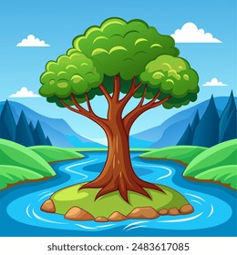 In the middle of a river, a tree stands on a small island surrounded by water