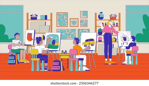 Ilustración plana de dibujos animados de clase de arte de escuela media. Profesor de arte dando consejos a los niños sobre el dibujo de personajes 2D de fondo colorido. Colegiales pintando lienzo caballete escena Vector storytelling Imagen