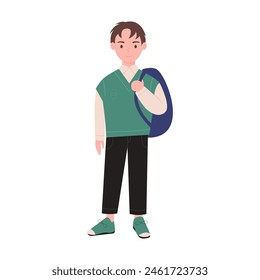 Middle school boy holding backpack on shoulder, male character standing and smiling vector illustration