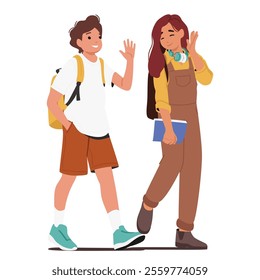 Middle school or college male and female cartoon students characters going to study back to school isolated on white background. Happy childhood, education and scholarship vector illustration