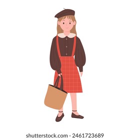 Middle school girl holding bag, female character standing and smiling vector illustration