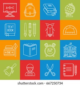 Middle school lineart minimal vector iconset on multicolor checkered texture