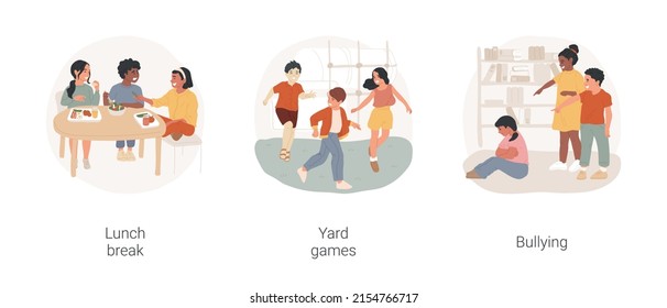 Middle School Student Socialization Isolated Cartoon Vector Illustration Set. Students Have Lunch Break Together, Children Play Yard Games, Bullying Problem In Middle School Vector Cartoon.