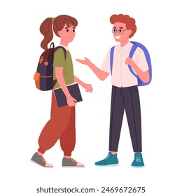 Middle school students. School students with backpacks and books talking to each other flat vector illustration. Junior high school pupils