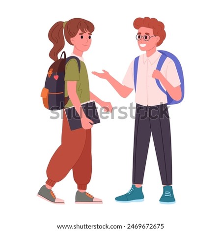 Middle school students. School students with backpacks and books talking to each other flat vector illustration. Junior high school pupils
