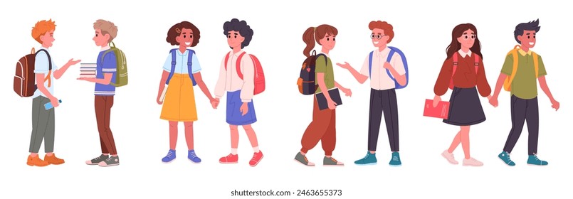 Middle school students couples. Happy friends going to school, male and female school pupils with backpacks flat vector illustration set. Junior high school students