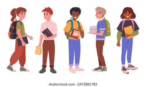 Middle school students group. Junior high school students with backpacks and books, male and female school pupils flat vector illustration set. Happy friends going to school