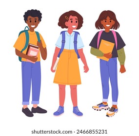 Estudiantes de secundaria. Estudiantes de secundaria con mochilas y libros, compañeros de clase que van a la escuela con Ilustración vectorial plana. Alumnos escolares en blanco