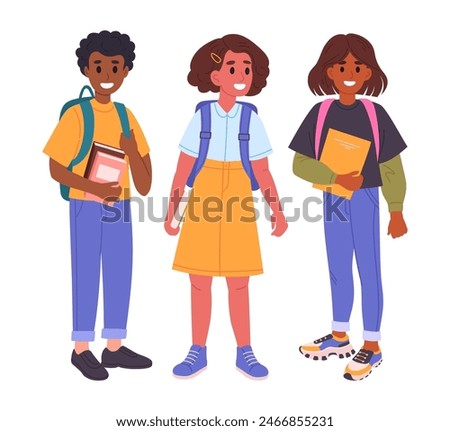 Middle school students. Junior high school students with backpacks and books, classmates going to school flat vector illustration set. School pupils on white