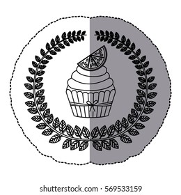 middle shadow monochrome sticker with olive crown with cupcake with cream and lemon