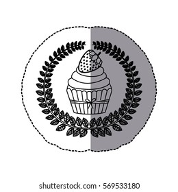 middle shadow monochrome sticker with olive crown with cupcake with cream and strawberry
