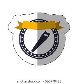 middle shadow sticker with circular frame with handsaw and ribbon