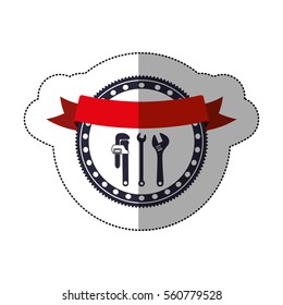 middle shadow sticker with circular frame with wrenches and ribbon