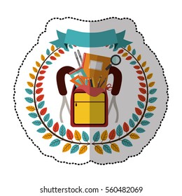 middle shadow sticker with colorful olive crown with ribbon and school supplies in briefcase