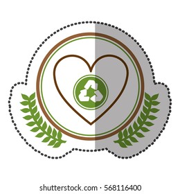 middle shadow sticker colorful with olive crown with heart with recycled symbol in circle