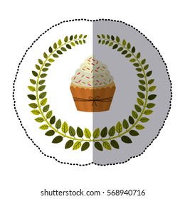 middle shadow sticker colorful with olive crown with cupcake with cream and sparks of colors