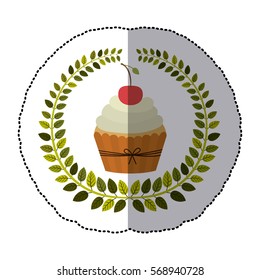 middle shadow sticker colorful with olive crown with cupcake with cream and cherry