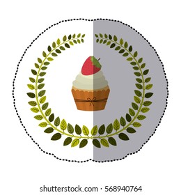 middle shadow sticker colorful with olive crown with cupcake with cream and strawberry