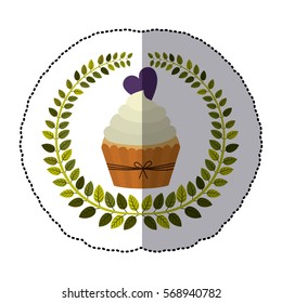 middle shadow sticker colorful with olive crown with cupcake with cream and purple heart