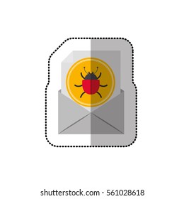 middle shadow sticker with grayscale mail virus of beetle in yellow circle