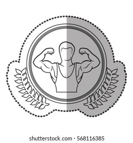middle shadow sticker monochrome with olive crown with half body muscle man in circle