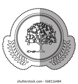 middle shadow sticker monochrome with olive crown with tree and plug connector in circle