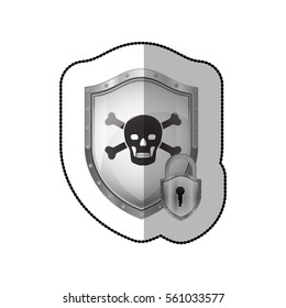 middle shadow sticker of pirate shield with skull and bones and padlock