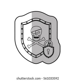 middle shadow sticker of pirate shield with skull and bones and padlock