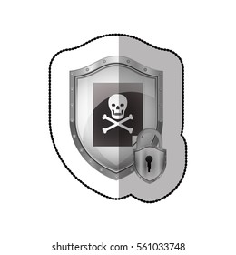 middle shadow sticker of shield with file virus and padlock
