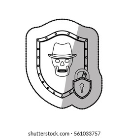 middle shadow sticker of shield with skull with hat and padlock