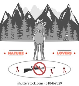 in the middle is a young deer against the background of the inscription, the mountains and the woods with a tent. Rifle banned. totally vector illustration.