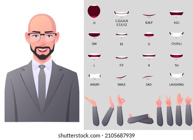 Middle-age Businessman Character Face Animation And Mouth Animation With Different Gesture Sets.